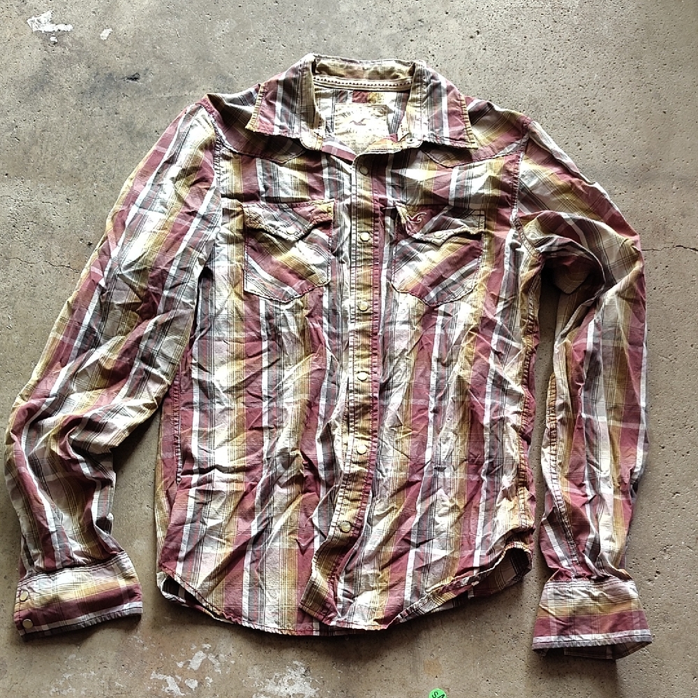 Hollister Red and Tan Striped Dress Shirt
